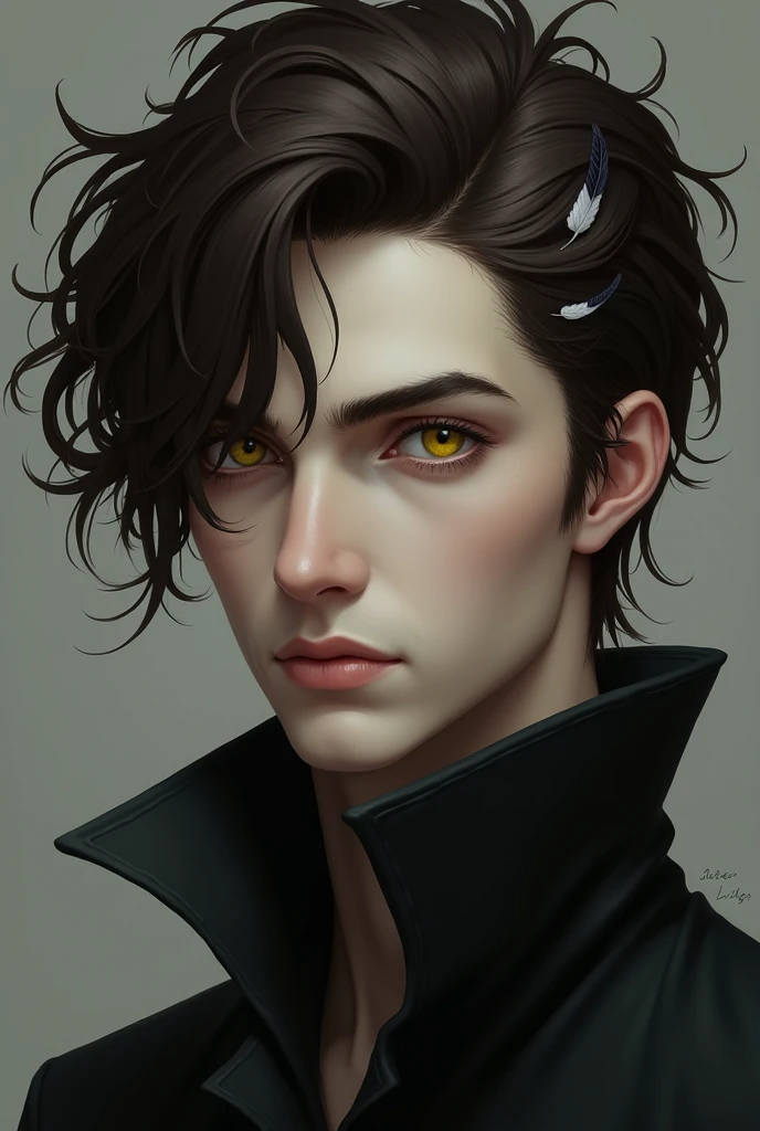 masculine. sharp look, with yellow eyes. Her hair is short and dark brown in color., with short feathers among her hair at the nape of her neck, the same color as the hair. has a serious and indifferent expression on his face, and has slightly pale skin. SHARP JAW, bushy eyebrows.