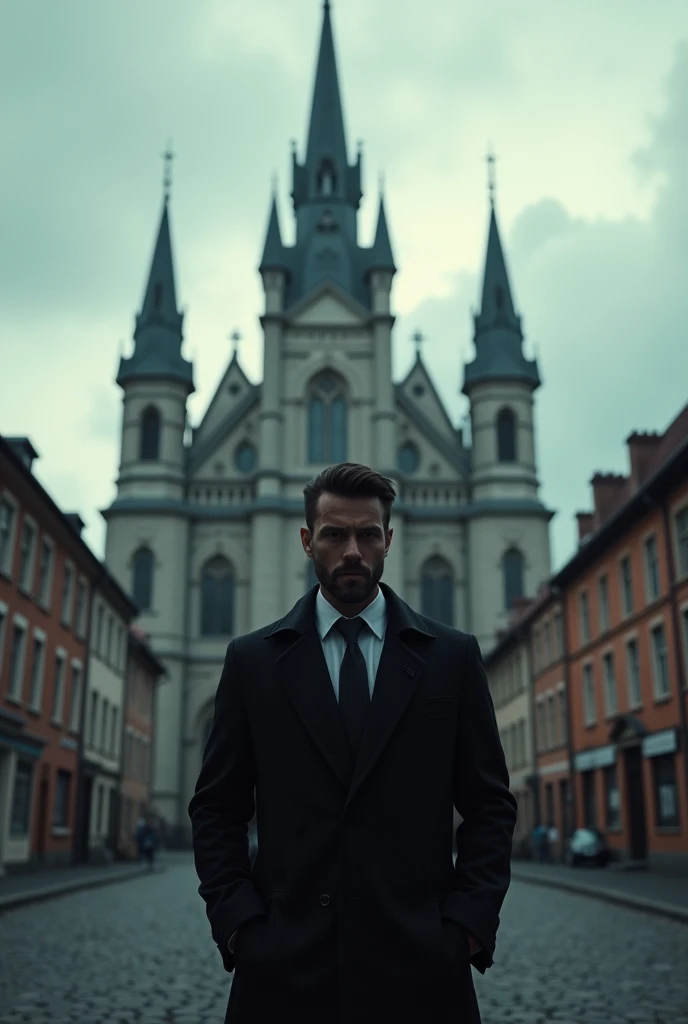 a man in front of a church