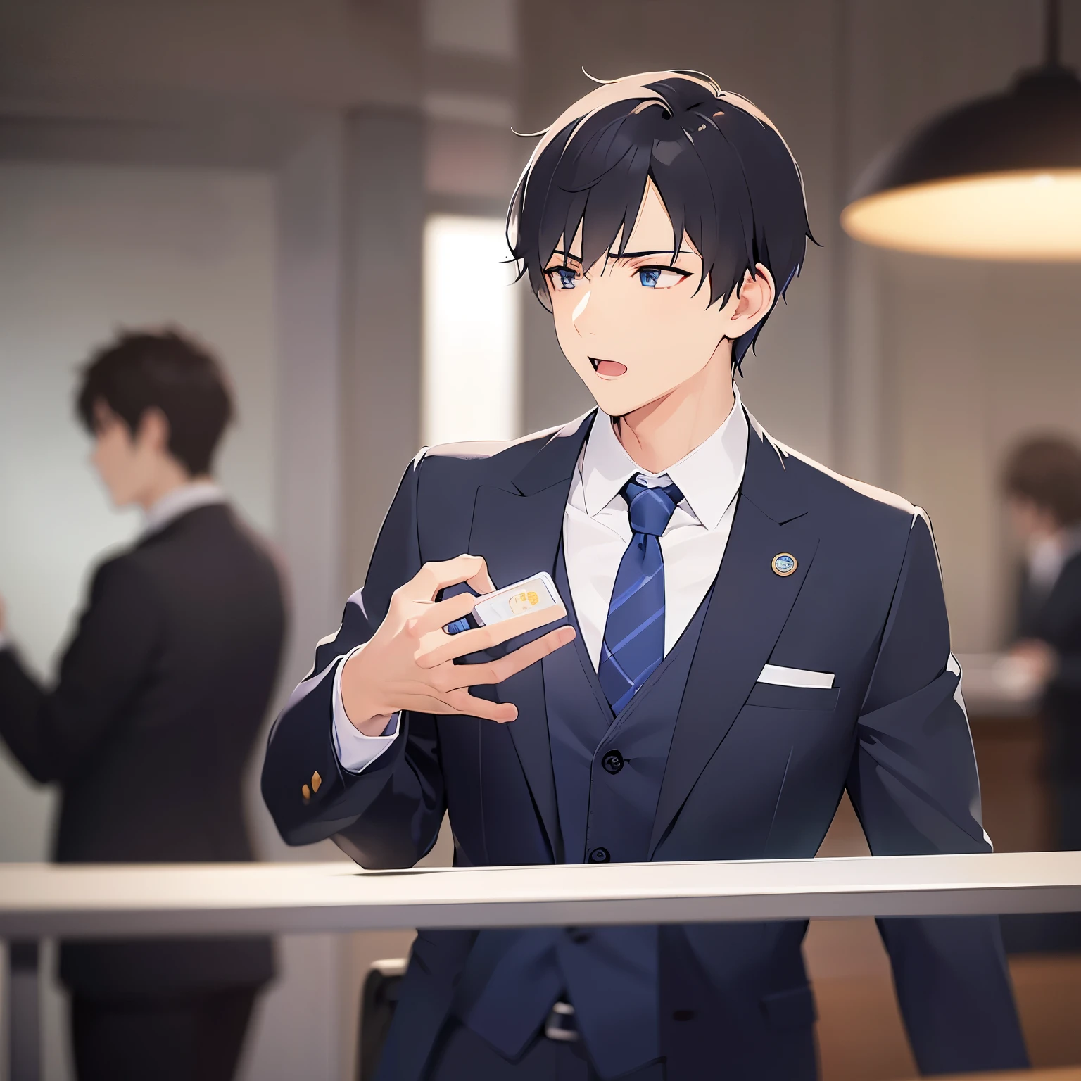 side angle,(looking away:1.5)upper body,waving hands front own chest shiny skin, masterpiece、Highest quality、 (2 male:1.5) and (Black short hair) and (blue eyes), (Wearing a suit:1.5) and (Blue tie)、 petrified ,open mouth, The background is the conference room、(alone:1.5)