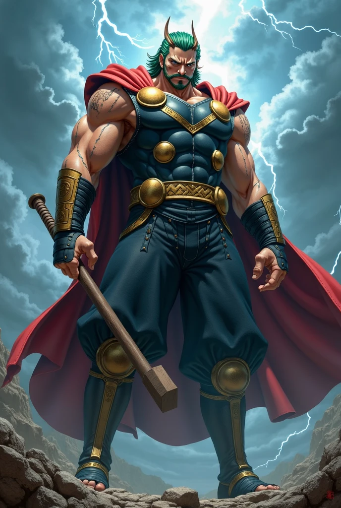 Roronoa Zoro from One Piece if he was 10 feet tall, muscular, and if he was dressed up as Thor from The Avengers.
