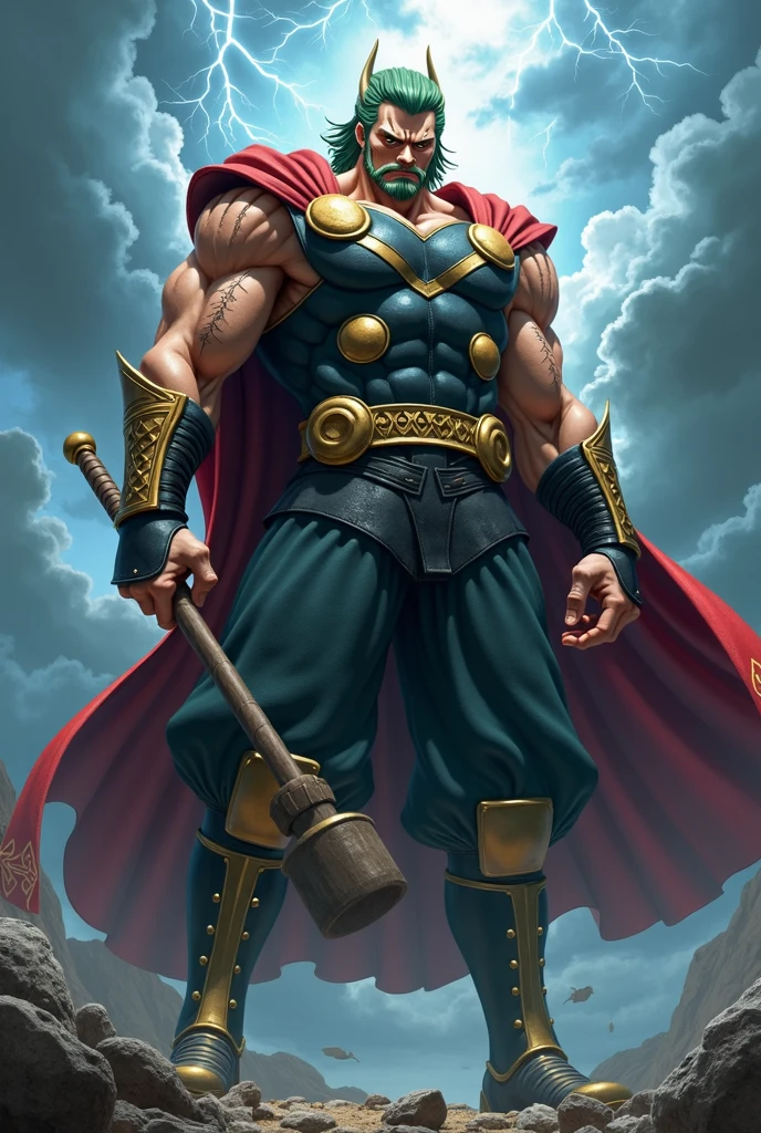 Roronoa Zoro from One Piece if he was 10 feet tall, muscular, and if he was dressed up as Thor from The Avengers.