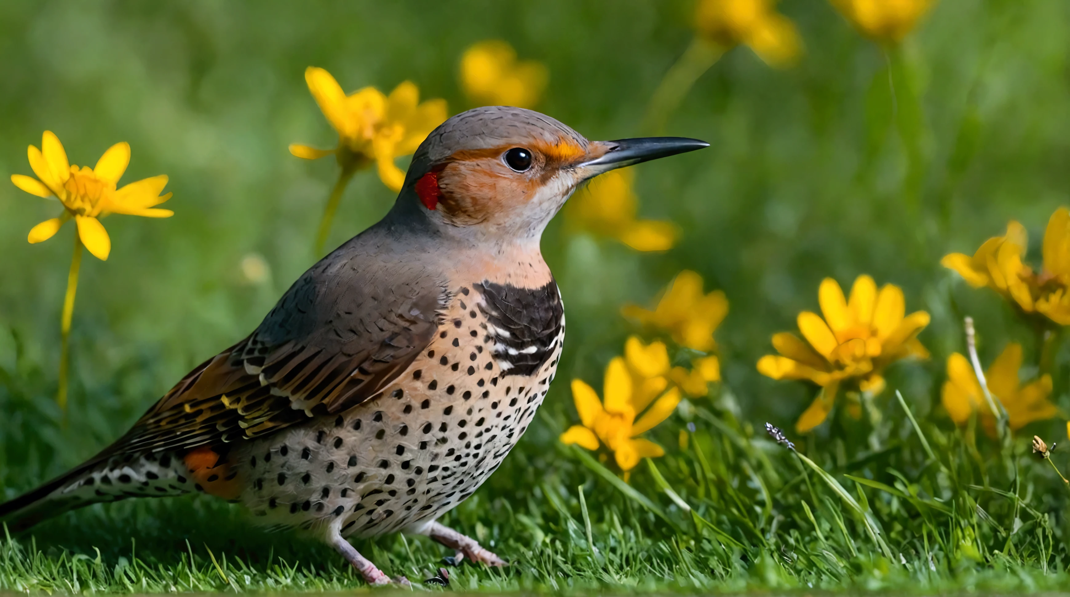 Ultra-high-definition 8K close-up photo of a Northern Flicker perched gracefully on a vibrant green lawn. The bird is in a striking pose, surrounded by the lush green grass, with scattered golden leaves and bright yellow wildflowers adding color and detail to the scene.