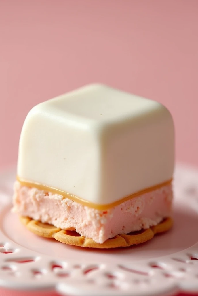 A soft marshmallow tablet, covered with a generous layer of white chocolate with a very thin waffle cookie base that makes it look very sweet and appetizing