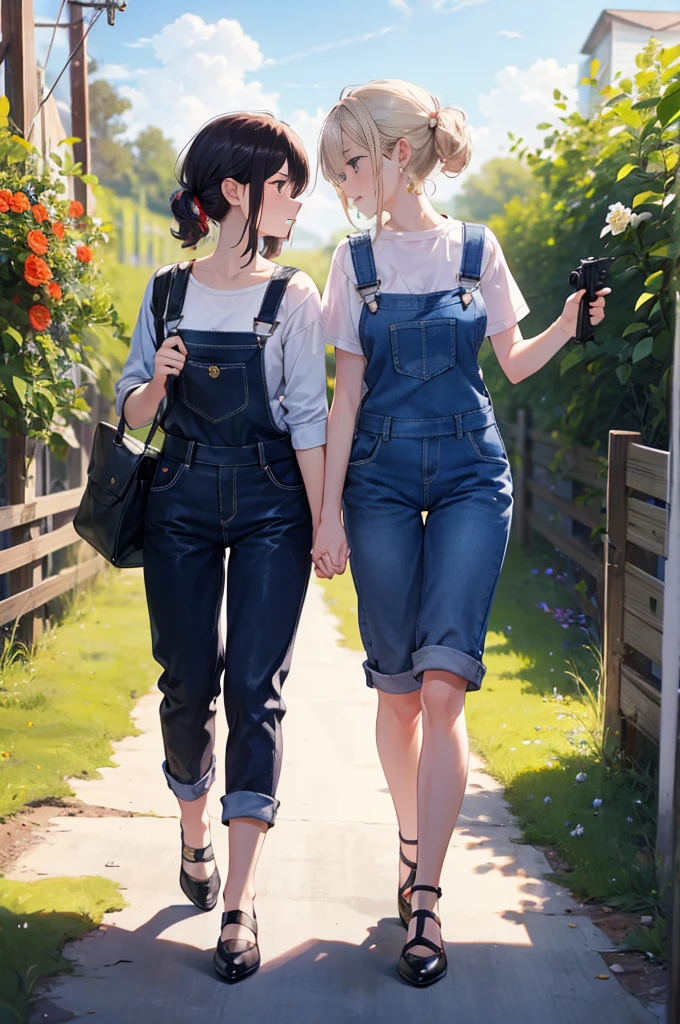 (masterpiece), 4K,{{{2 women}}}, Lesbian，shoes，,Random Hairstyles,((Lesbian )),Shooting from afar,During farm work,Overalls,camisole,Caring for flowers,