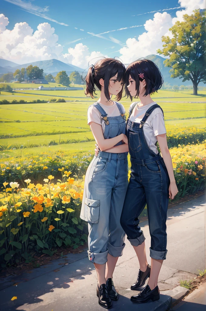 (masterpiece), 4K,{{{2 women}}}, Lesbian,shoes,,Random Hairstyles,((Lesbian )),Shooting from afar,During farm work,Overalls,camisole,Caring for flowers,