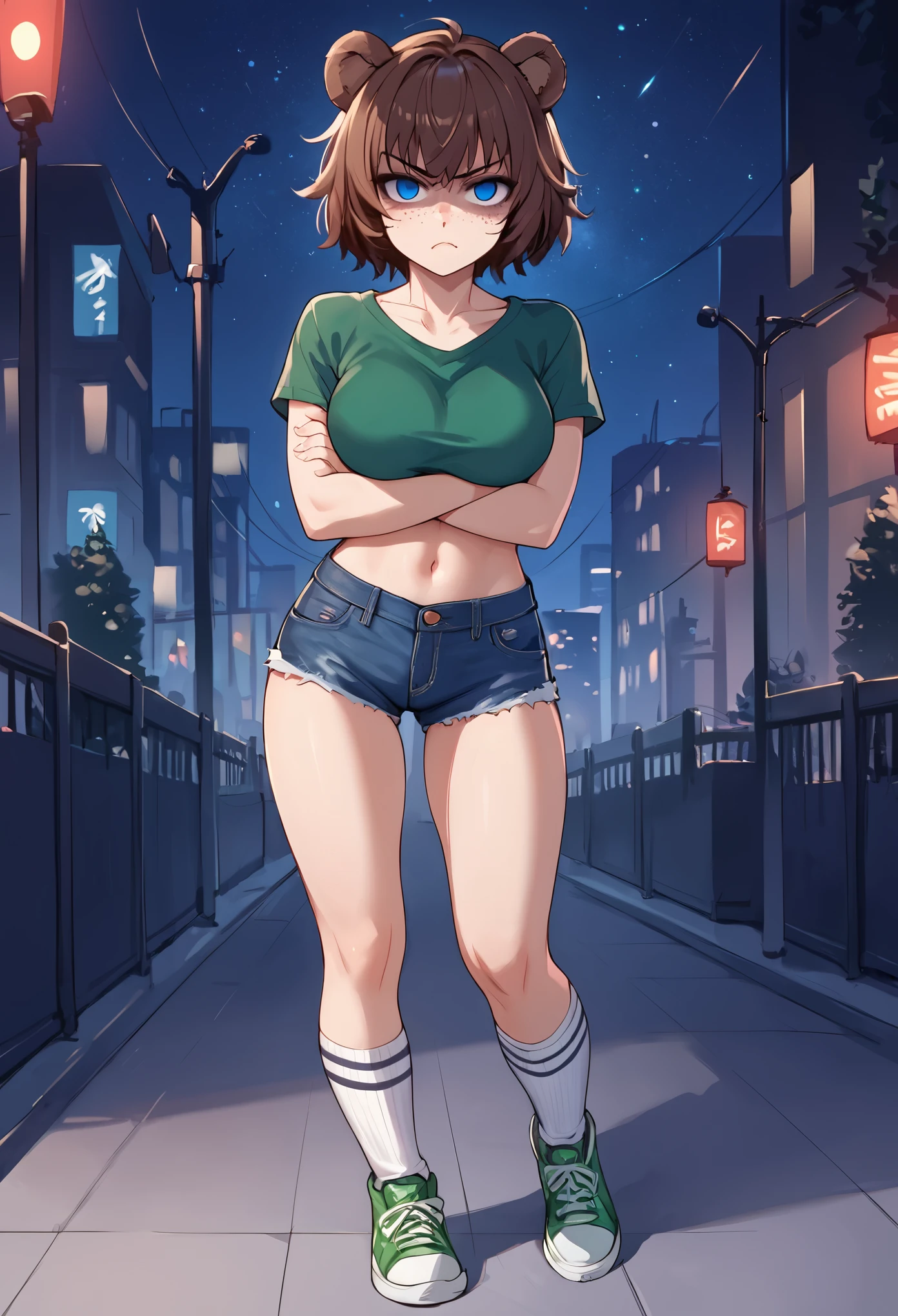 score_9_up, score_8_up, score_7_up, 1girl, solo, source_anime, hourglass figure, Big breasts, kemonomimi, bear ears, brown hair, short hair, messy_hair, blue eyes BREAK freckles, green shirt, short sleeves, navel, denim shorts, high socks, white socks, green sneakers, standing, looking at viewer, crossed arms, yandere, shaded face, empty eyes, angry face, glaring, outdoors, standing, citylights, night sky, starry sky, night time 