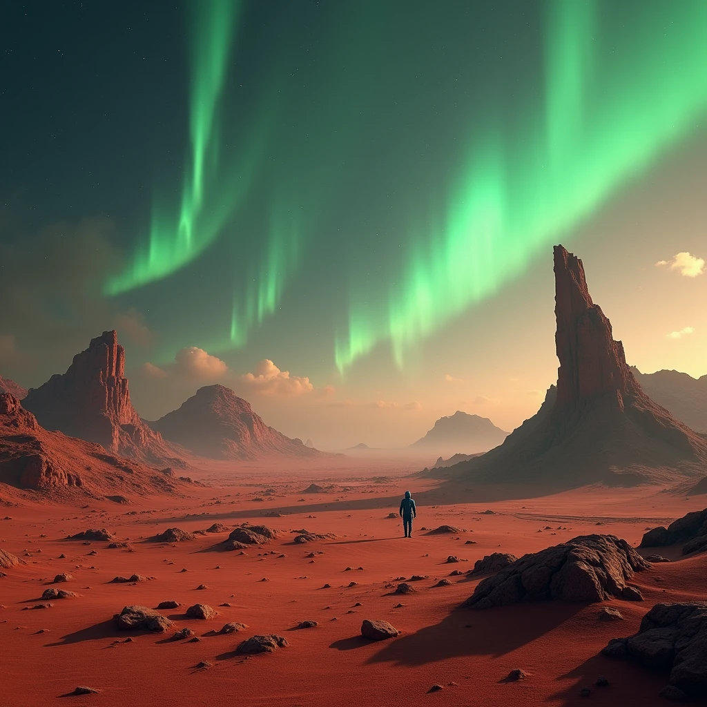 landscape, Northern Lights in the sky, The remains of an alien civilization on Mars,Crumbling structure,The environment is desolate,Infinite horizon,Atmospheric perspective,Astronaut explorer,Weird atmosphere,Strange symbols,Surreal landscape, Unobstructed panoramic views,dusty red sand,(Sci-fi concept art),(best quality,4K,8k,highres,masterpiece:1.2),ultra-detailed,(realistic,photorealistic,photo-realistic:1.37)