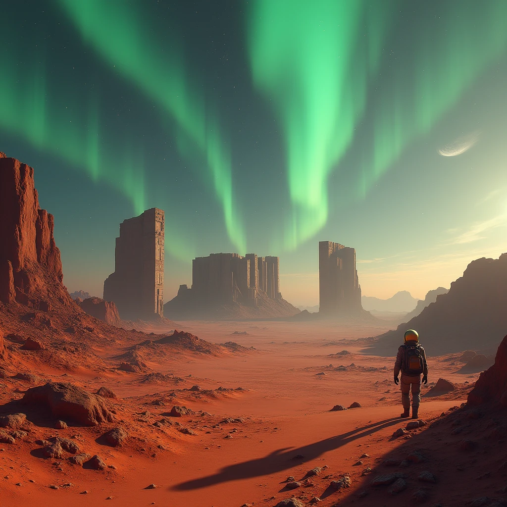 landscape, Northern Lights in the sky, The remains of an alien civilization on Mars,Crumbling structure,The environment is desolate,Infinite horizon,Atmospheric perspective,Astronaut explorer,Weird atmosphere,Strange symbols,Surreal landscape, Unobstructed panoramic views,dusty red sand,(Sci-fi concept art),(best quality,4K,8k,highres,masterpiece:1.2),ultra-detailed,(realistic,photorealistic,photo-realistic:1.37)