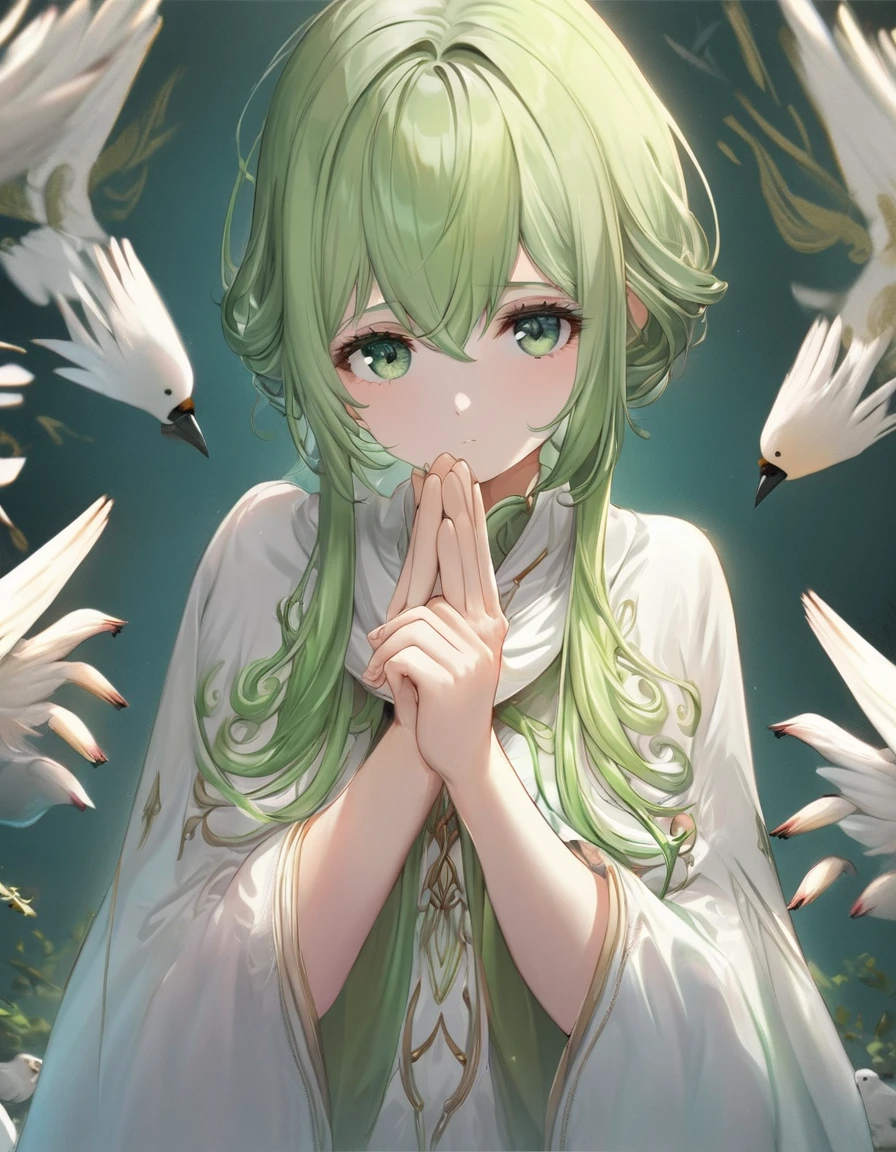 Highest quality、masterpiece、Very detailed、Finely detailed、High resolution、8k wallpaper、Fine and beautiful eyes、A girl with green hair、Exact number of fingers、Pose with hands folded in front of chest、Hands folded in front of chest、Praying pose or expectant expression。Bird's-eye view