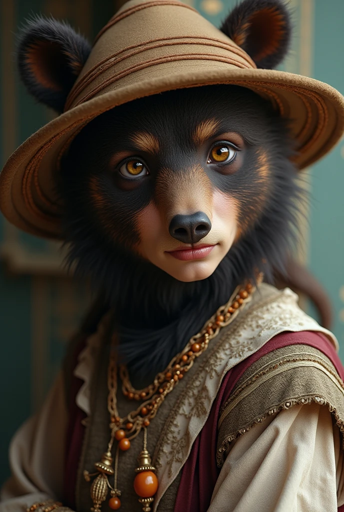spectacled bear, tender, elegant, beautiful, with typical clothes from the Andean area, with gloves, black, woman and make her young with a hat and makeup and without looking like a human, that the costume shows that it is a woman and with the eyes around not even a bear with glasses