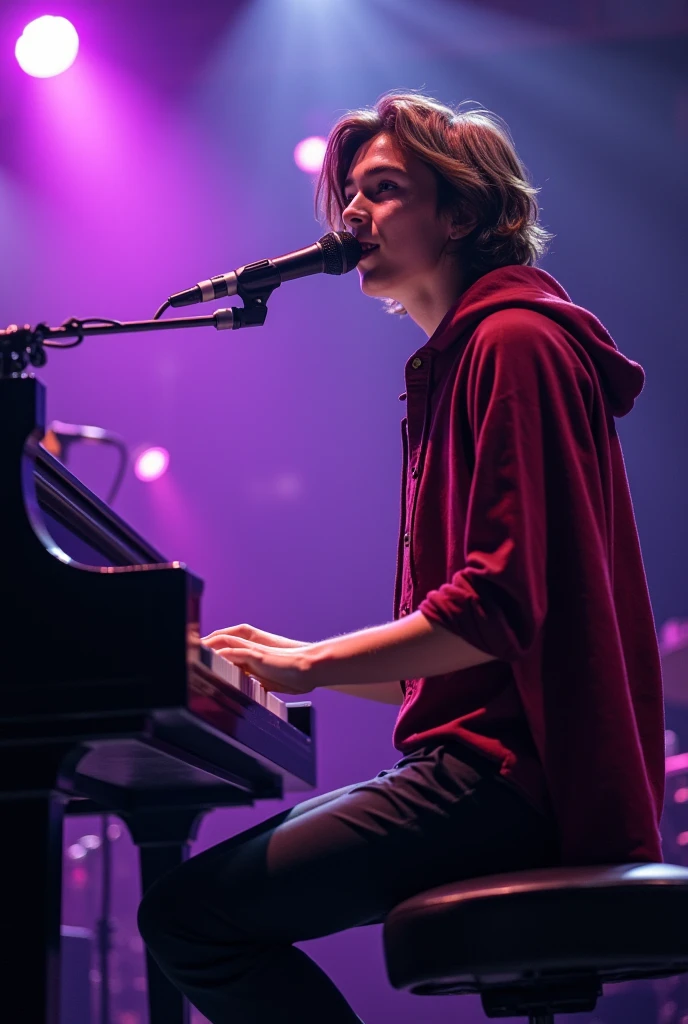 artwork best quality realistic image handsome american male teenager long brown hair light skin with burgundy button down shirt and black pants with burgundy cape and hooded coat with glowing details playing piano and singing with a microphone in front of him with purple lights around him illuminating him intricate details singing seen from afar at a concert with details uhq 8k realism