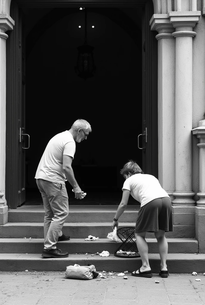 Man and woman picking up things from the floor in front of a church on the steps black and white