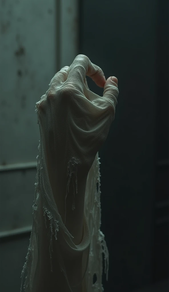 A chilling scene of a deceased person’s hand tightening around an object, like a piece of cloth, with an empty room in the background, creating a mysterious atmosphere
