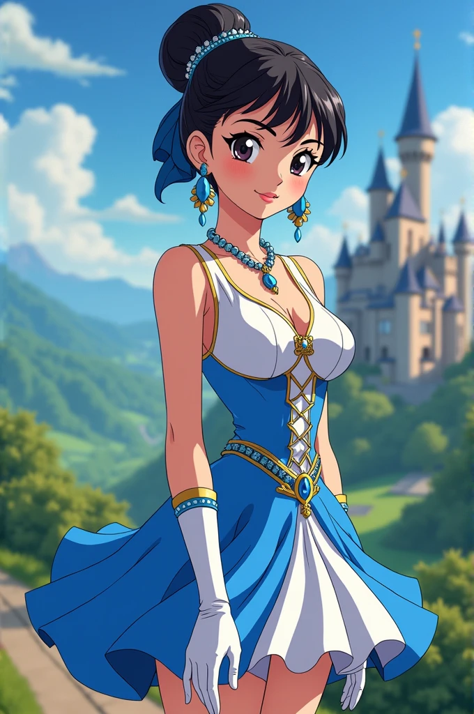 Create a photorealistic image of artist Audrey Hepburn dressed mini skirt as Princess Sapphire from the anime The Princess Knight