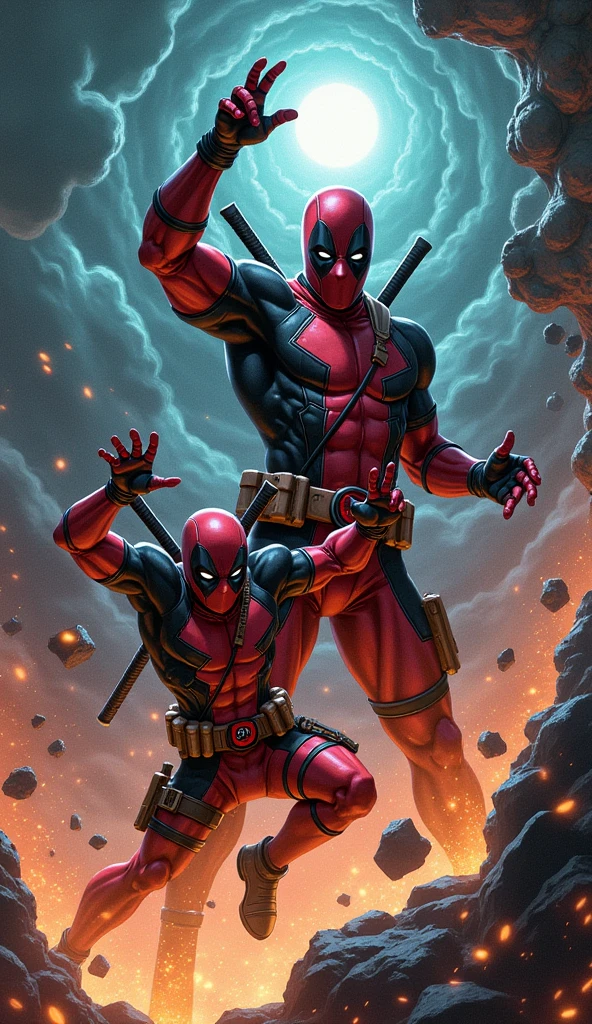 Deadpool squares off against the Beyonder, a battle of absurdity versus omnipotence. Deadpool, with his irreverent humor and unkillable nature, throws everything he has—both physically and verbally—at the Beyonder, who watches with a mix of curiosity and detachment. Every attack from Deadpool is met with effortless reality-warping by the Beyonder, turning the fight into a surreal dance of chaos and cosmic power. Despite the overwhelming odds, Deadpool’s relentless spirit and refusal to take anything seriously shine through, creating a strange, almost poignant clash where the very essence of existence and irreverence collide.