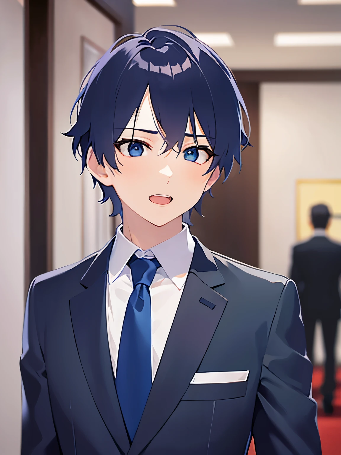 side angle,(looking away:1.5)upper body,waving hands front own chest shiny skin, masterpiece、Highest quality、 (2 male:1.5) and (Black short hair) and (blue eyes), (Wearing a suit:1.5) and (Blue tie)、 petrified ,open mouth, The background is the conference room、(alone:1.5)