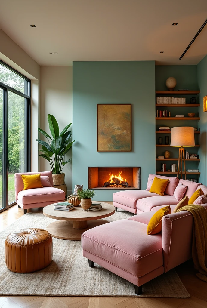 Living room decoration turquoise color palette,rosado, brown and yellow