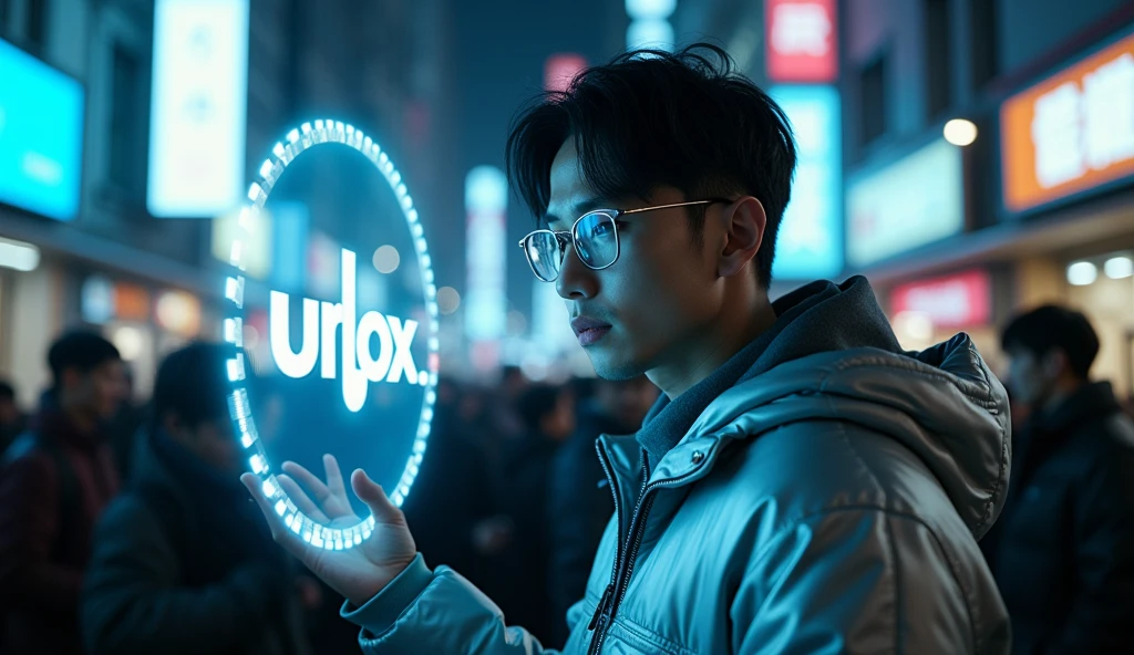 close-up shot to the glass of character, Asian male character stands in front of a square hologram logo with the words "UrBox"in the wide growded street, character touch the hologram. Outfit: Silver jacket, wae glass, strong gestures. Setting: Small alley between cyberpunk buildings. Lighting: Dark colors, faint blue lights from billboards. Effects: LED strips on the device gradually glow. Special: The scene evokes a sense of suspense and anticipation.