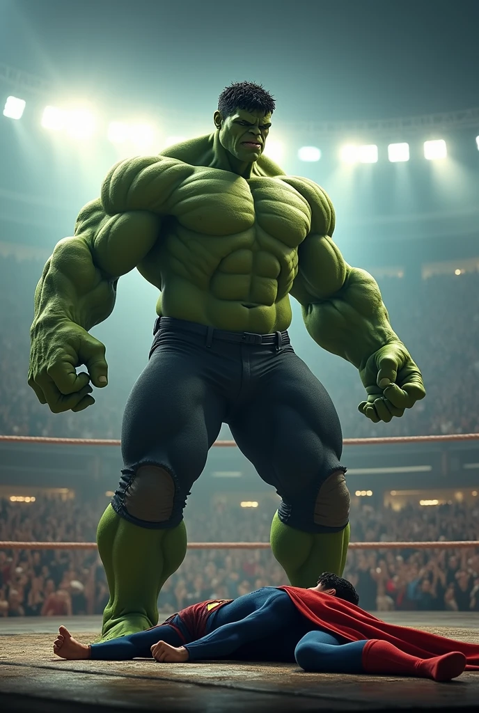 The Triumph
Prompt: "The Hulk standing victorious in the ring, his muscular form highlighted by the arena lights. Superman is on the mat, exhausted but respectful. The crowd is erupting in cheers, and the referee is counting down. The atmosphere is electric with the sense of a hard-earned victory."