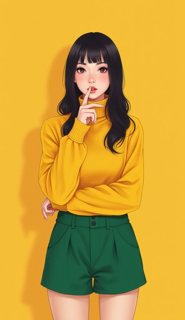 This image has the following characteristics
- There is a female figure in the image.
- She is wearing a bright yellow turtleneck sweater
- She is wearing green shorts.
- She is holding her right hand to her lips in a gesture.
- Serious expression.
- Taken against a bright background