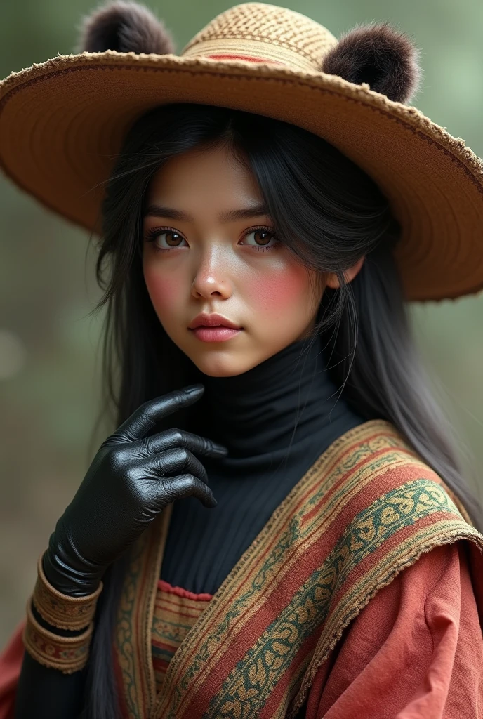 spectacled bear, tender, elegant, beautiful, with typical clothes from the Andean area, with gloves, black, woman and make her young with a hat and makeup and without looking like a human, that the costume shows that it is a woman and with the eyes around not even a bear with glasses