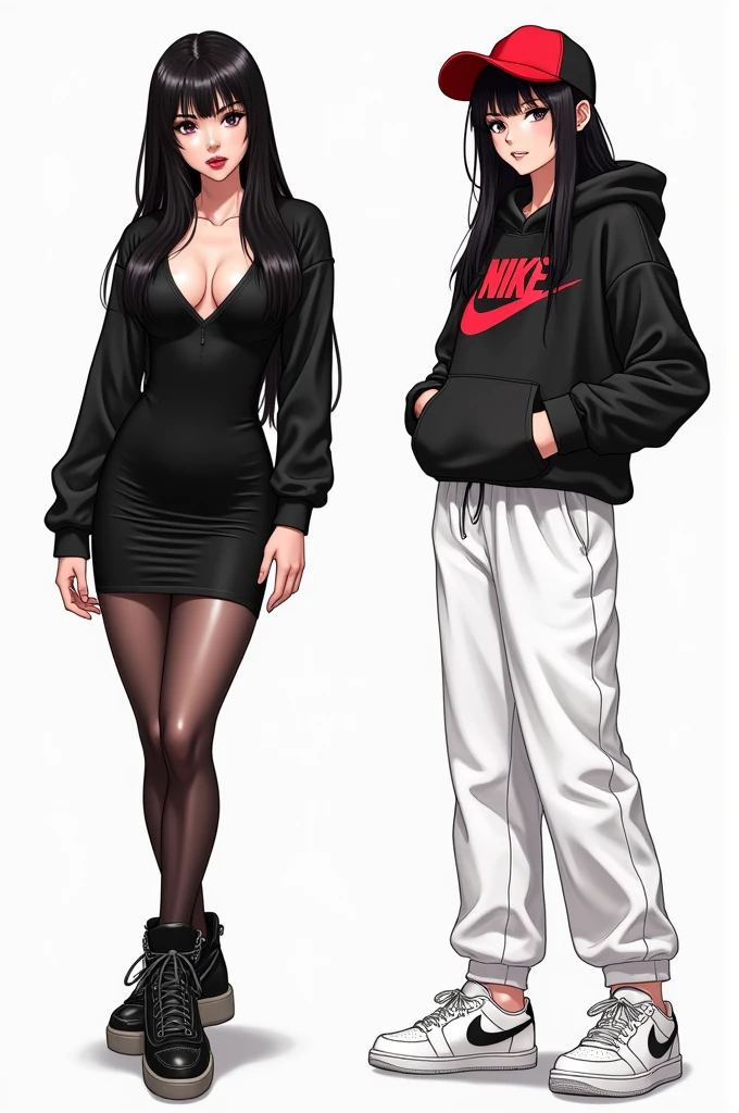 Double image comic: Sexy black haired girl in a black mini dress for a formal date, low cut, tight to the body, black sneakers black transparent tights in contrast with shared image half and half on the other side the same girl in sportswear, White Nike pants. Nike sweatshirt and cap in black and red and classic Nike sneakers in white