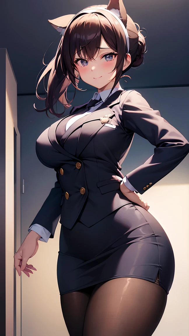 score_9, score_8_up, score_7_up, source_anime, 1girl, black eyes, room, wariza, medium hair, messy ponytail, dark brown hair, gradient hair, portrait, solo, Adult woman, best perfect anatomy, thin, curvy body, medium breasts, curvy body, close up shot on person, a woman showing happy, light smile, close up shot on person, pov_doorway, a woman showing his hand, mature woman standing poses, wear cat ear headband, skirt suit, (((three-piece suit))), necktie, blazer, (((suit jacket))), (((waistcoat))), double-breasted waistcoat, bodycon miniskirt, pencil skirt, tie clip, pocket square, pocket watch, white format gloves, pantyhose, dynamic angle. perfect dynamic composition, foreshortening, dramatic shading, night days, volumetric lighting, hotel room background,