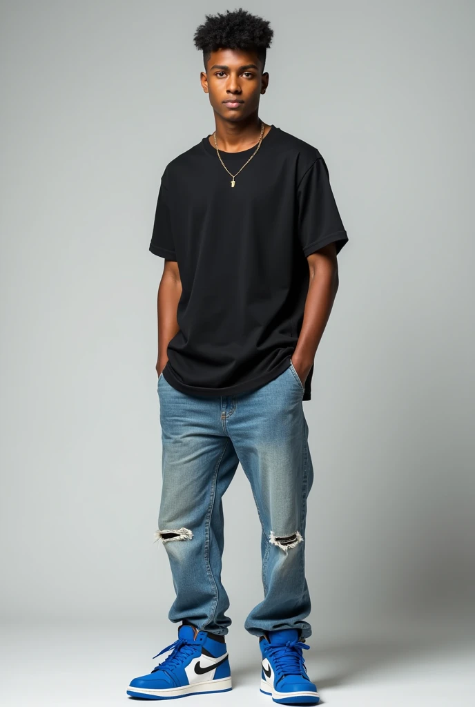 male teenager with dark skin and short, semi-wavy black hair wearing a black t-shirt, worn blue jeans, and blue Jordan 1 n sneakers