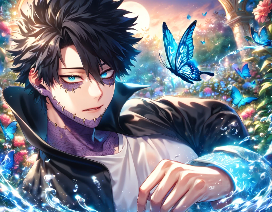 absurdres, highres, ultra detailed, HDR) master piece, best quality, extremely detailed, delicated features, Dabi, black hair, expressive turquoise eyes, Boku No Hero Academia, solo, sexy man, handsome, sensual, black coat with high collar, white T-shirt, fantasy, magical, glittering, water, blue flames, blue moon, blue flowers, blue butterflies, garden