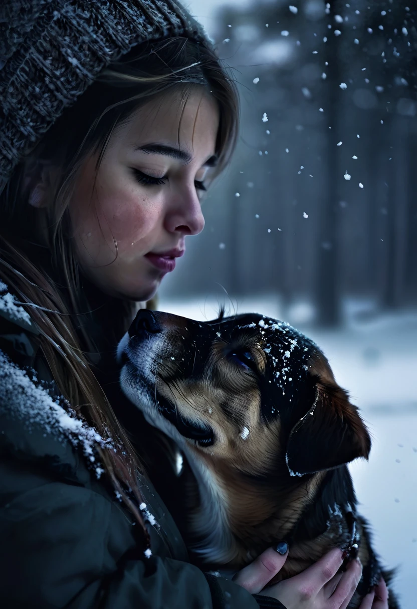 a girl holding a dying dog in the snow, tears streaming down her face, snowy night, dim lighting, heartbreaking, 1girl, dog, snow, tears, distressed, cold, winter, sad, emotional, dramatic lighting, chiaroscuro, cinematic, hyper-detailed, high quality, 8k, photorealistic, cinematic composition, dramatic lighting, melancholic, emotional, atmospheric, emotional portrait, moody, muted colors, desaturated, emotional scene, atmospheric, detailed, realistic