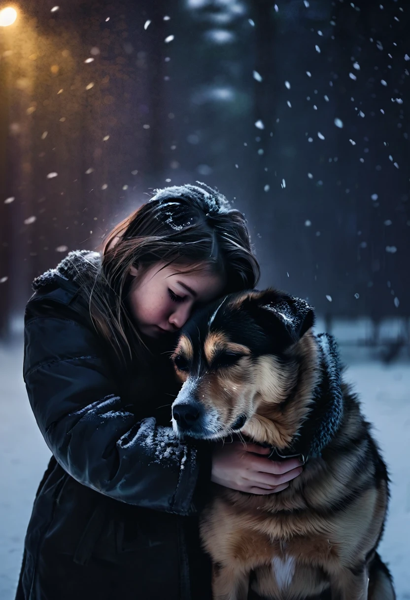 a girl holding a dying dog in the snow, tears streaming down her face, snowy night, dim lighting, heartbreaking, 1girl, dog, snow, tears, distressed, cold, winter, sad, emotional, dramatic lighting, chiaroscuro, cinematic, hyper-detailed, high quality, 8k, photorealistic, cinematic composition, dramatic lighting, melancholic, emotional, atmospheric, emotional portrait, moody, muted colors, desaturated, emotional scene, atmospheric, detailed, realistic