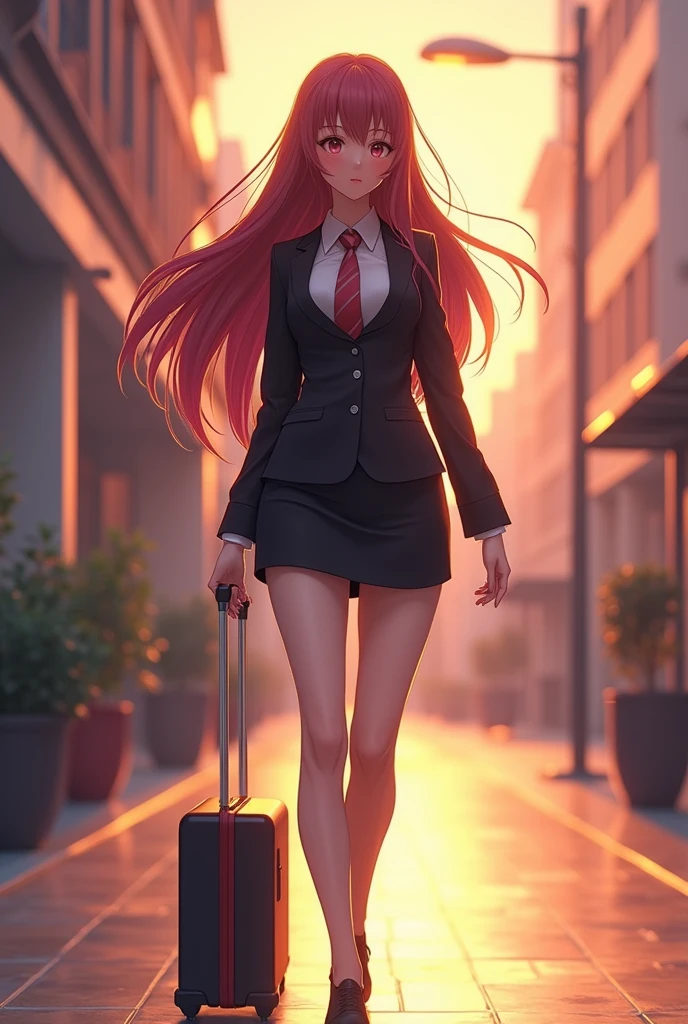 (photorealism:1.2), beautiful woman, long, wearing corporate office uniform, long hairstyle, going to work, soft lighting, outdoors, anime pose, anime, intricate details, warm and vibrantcolors, full body is seen  including shoes , above average thighs