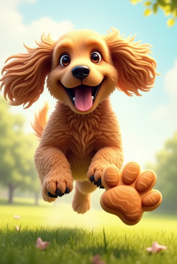 Happy light brown cocker spaniel dog with tongue out catching a paw print treat and ears flying