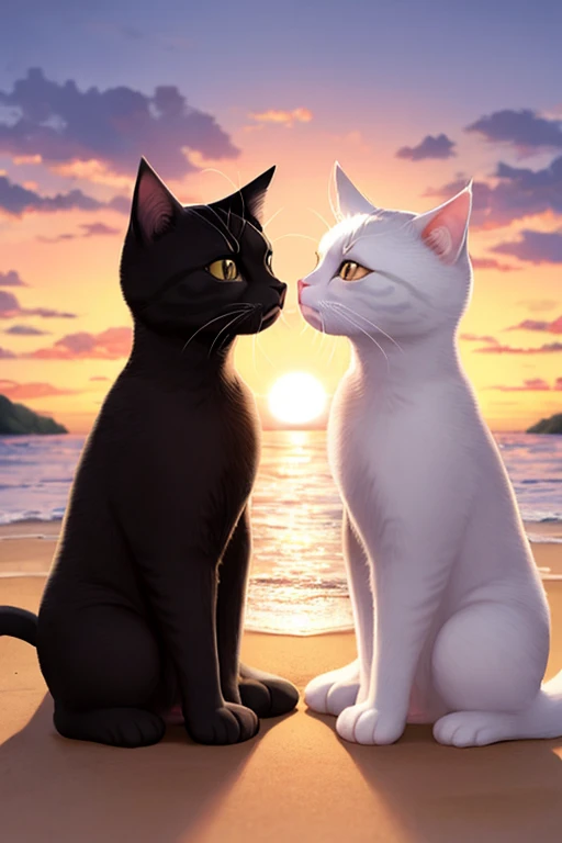 Draw a picture of two kittens, a white cat and a black cat, The setting of the drawing is a beach at sunset, The kittens are watching the sunset together