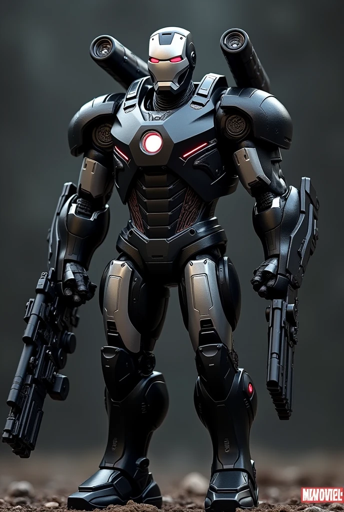 Black iron man, red eyes, silver face, red highlights, shoulder cannon, arm cannons, extra armor parts