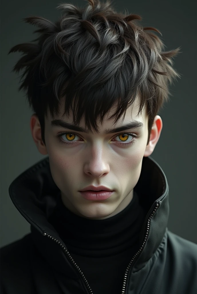 masculine. sharp look, with yellow eyes. Her hair is short and dark brown in color., with short feathers among her hair at the nape of her neck, and on the neck in the same color as the hair. has a serious and indifferent expression on his face, and has slightly pale skin. SHARP JAW, bushy eyebrows.