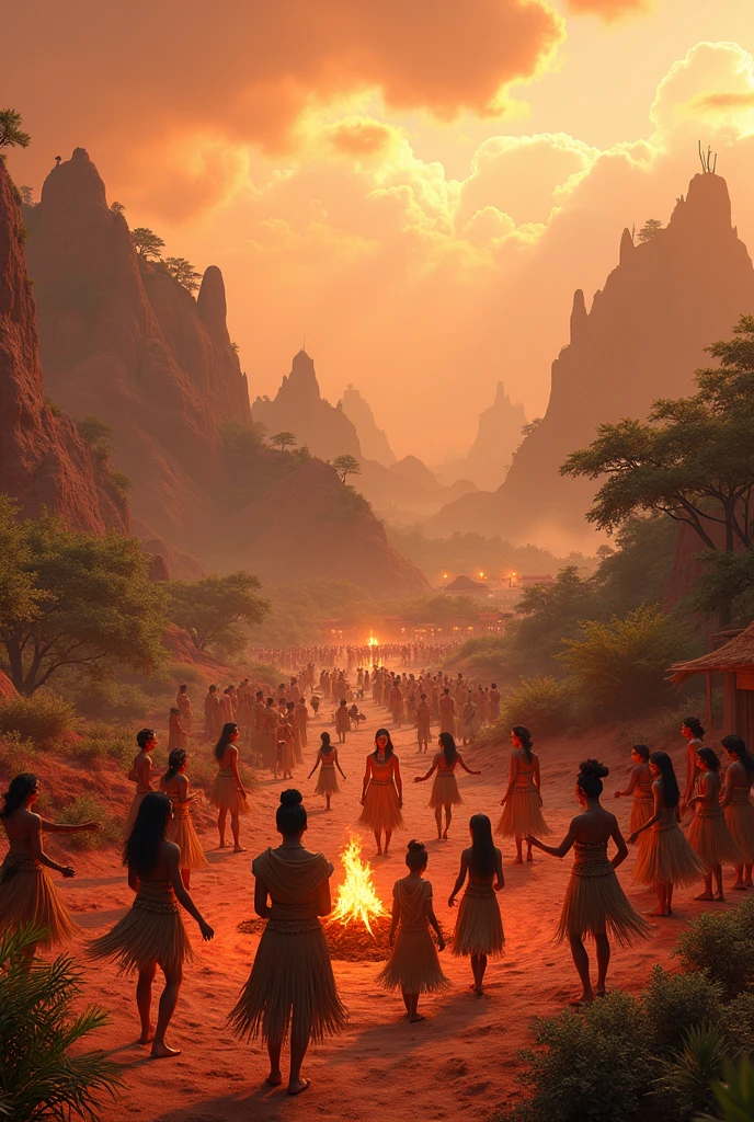 scenario with many indigenous people on Mars , and several villages made of hollow  ,  e várivers indígenas dançando em círculos e muitas músicas, rivers, auspicious clouds, sunshine light, Trees,animals  , camp fire , Indians dressed in straw clothes and painted faces , ultra HD, high qualiy, extremely detaild, offcial art, super detaill, 32k - v.6