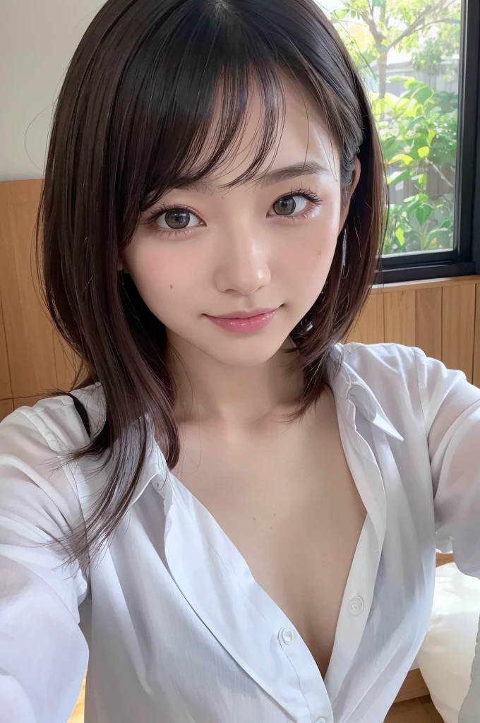 (best quality, 4K, 8k, highres, masterpiece:1.2), ultra-detailed, (realistic, photorealistic, photo-realistic:1.37), hyper detailed, extremely detailed, intricate details, sharp focus, physically-based rendering, professional, vivid colors, studio lighting、Japanese High School Girl、smile、selfie、Small breasts、Natural Makeup、(Hair Color:Random)、middlehair、Inward curl、White shirt、Open shirt、Emphasize cleavage、side boob、under boob