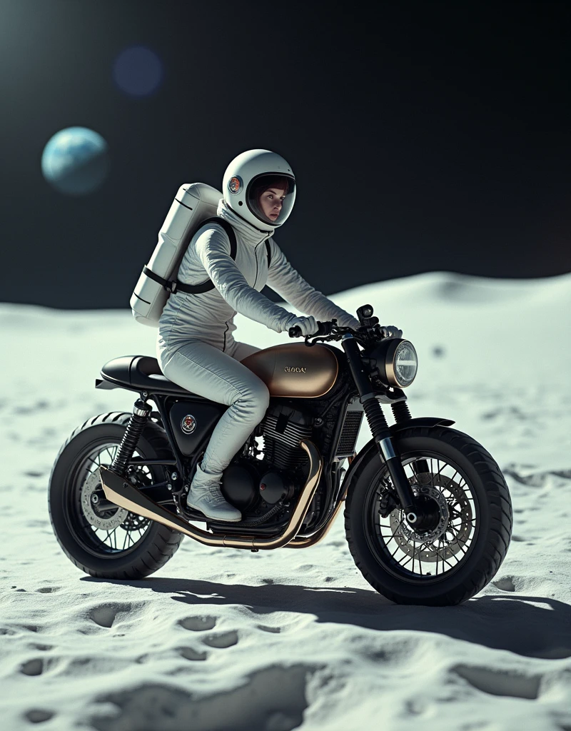 A beautiful young woman from Brooklyn, dressed in a modern astronaut spacesuit, riding a classic cafe racer motorcycle on the surface of the Moon. The Moon's surface is brightly illuminated by the sunlight, creating a stark, bright environment. In the distance, Earth can be seen, floating against the blackness of space. The woman is wearing a sleek, futuristic spacesuit with a helmet, her expression still cool and composed. The motorcycle retains its vintage design, creating a striking contrast between the retro bike and the futuristic lunar setting.