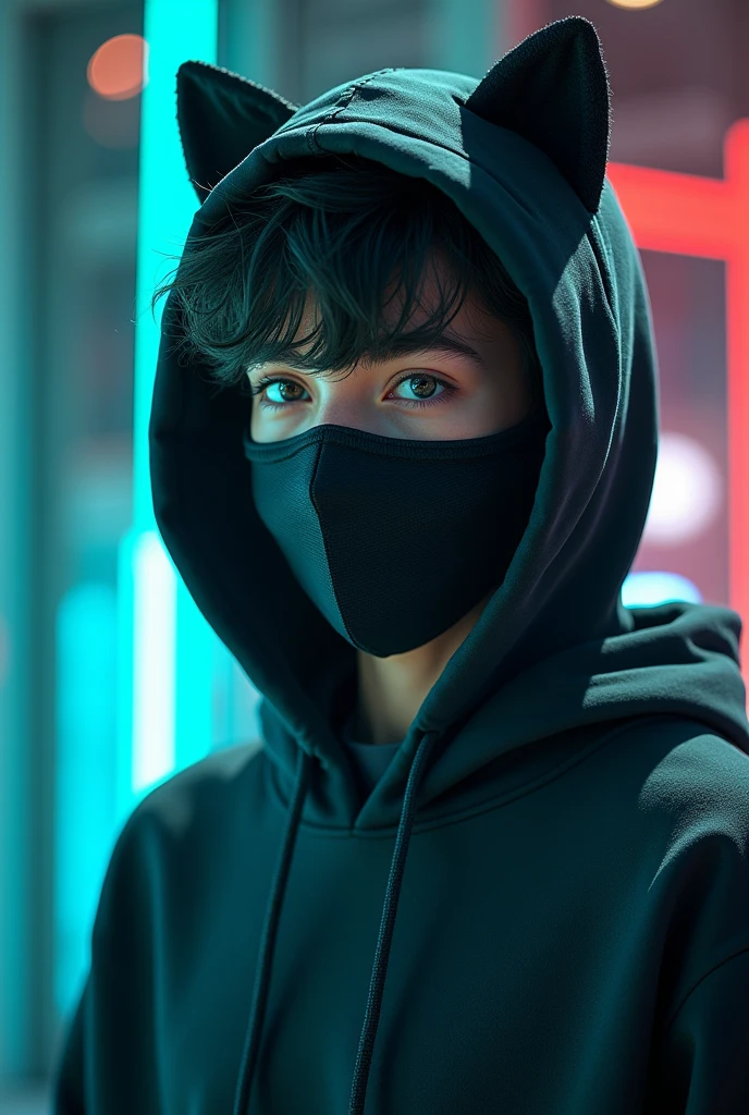 teenage boy , offwhite, clear eyes, wearing a sweatshirt with cat ears on the cap and a mask similar to Sub-Zero&#39;s. 

2. Paleta de cores:
primary colours: Black and electric blue or neon green to highlight mystery and energy.
Secondary colors: Cinza metálico e offwhite para contrastar e realçar detalhes.
3. styled:


Typography: Use a futuristic or pixelated font to reflect the gaming world.
Visual Effect: Incorporate an effect "disappearance" partial, where part of the text or symbol appears to be disintegrating or disappearing.