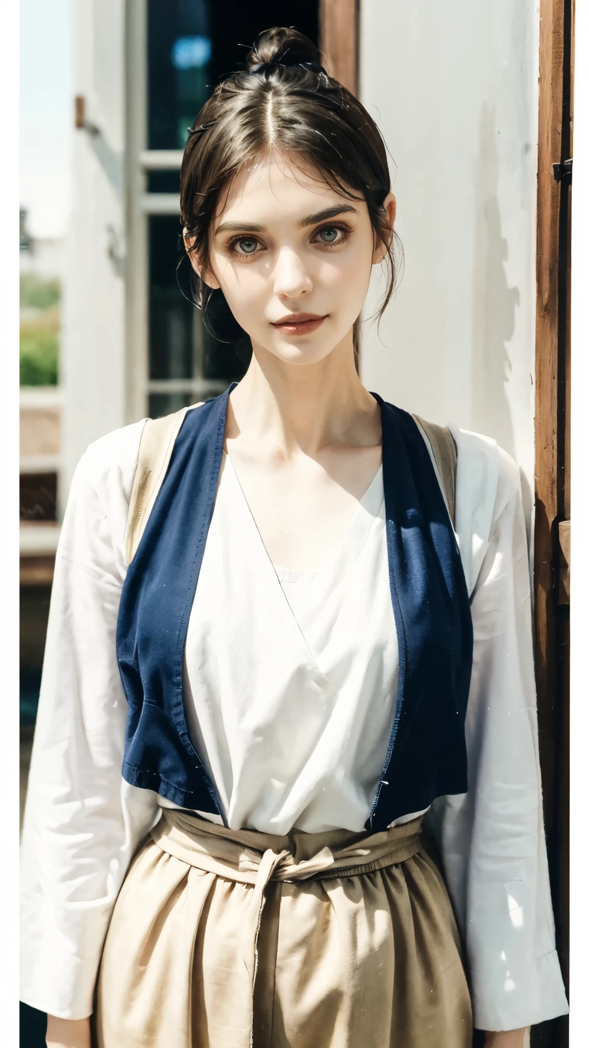 (masterpiece:1.2, best quality:1.2, extremely delicate:1.2), ((Alexandra Daddario:1.2)), a women with short brown hair slicked back, topknot hairstyle, small center-parted fringe, deep eyes, straight eyebrows, perfect face, playful smile, a azure blue fantasy-style cloth vest jacket over a long-sleeved white undershirt, a black waistband, coarse cloth trousers the backdrop of a fantasy-style border outpost, this character embodies a finely crafted fantasy-style female warrior, exquisite photography, Photo realism, photorealistic, goddess, pale skin, perfect skin, textured skin, detailed skin, porcelain skin, dramatic, high definition, highres, ultra-detailed, ultra-fine painting, professional, perfect body proportions, golden ratio, anatomically correct, symmetrical face, perfect eyes, extremely detailed eyes and face, high quality eyes, creativity, RAW photo, UHD, 32k, Natural light, cinematic lighting, (masterpiece-anatomy-perfect:1.2)