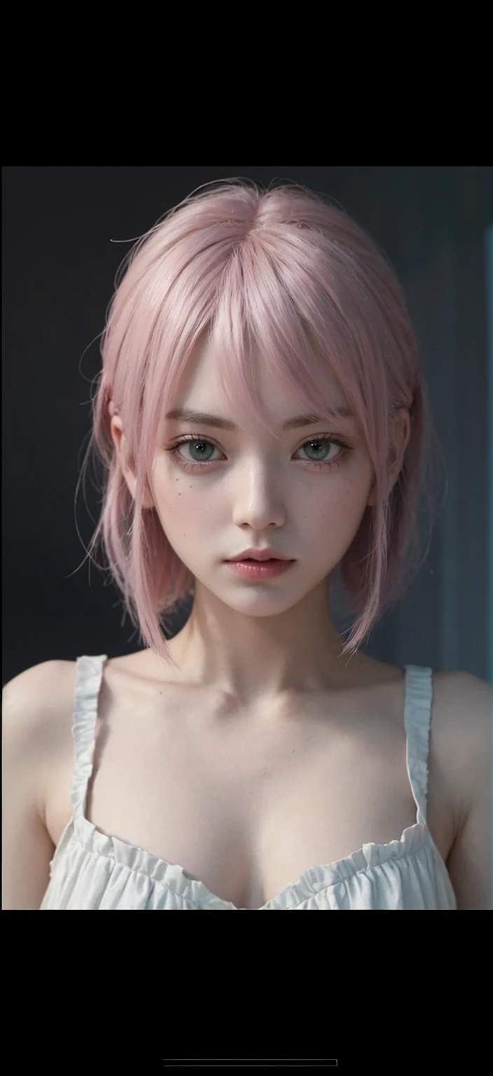 1 female of Asian and European descent, Pink short hair looking a little anxious, There are some stray hairs., Emerald green eyes, Her chest is G cup, Eyelashes are very thick and very long, A slightly anxious look, Drooping eyes, The outfit is white with black accents, Maintaining the aspect ratio of a person,docile character, 
