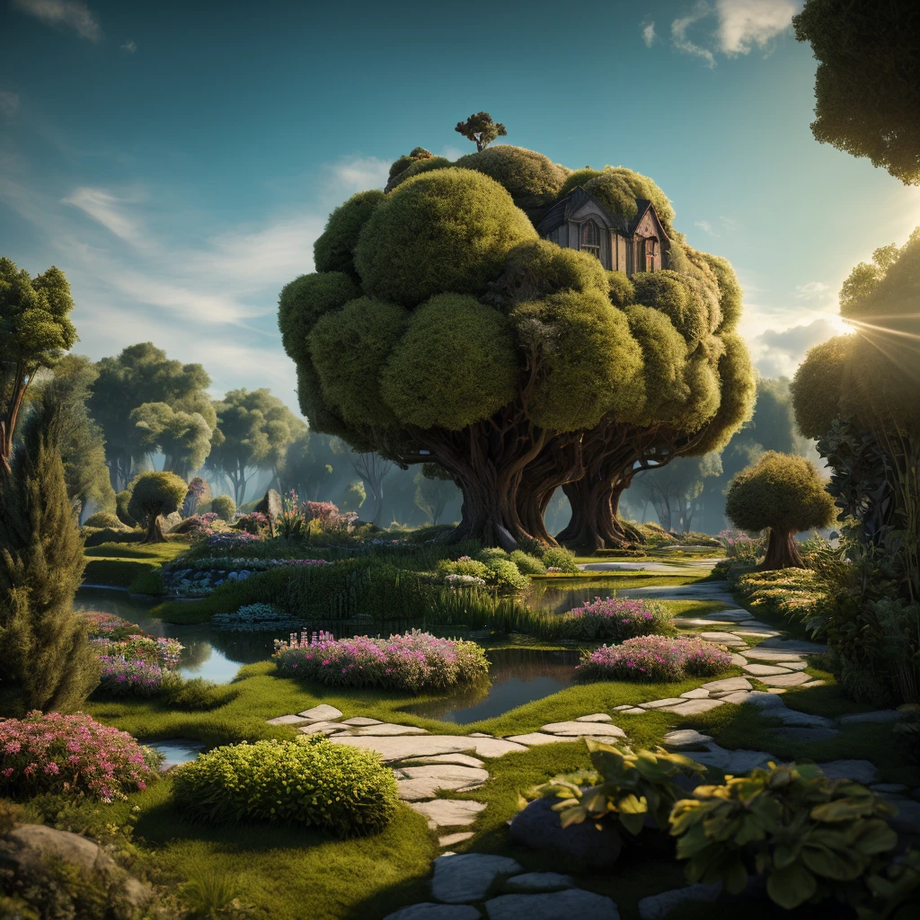 A surreal, dreamlike garden with floating islands, strange flora and fauna, (best quality,4k,8k,highres,masterpiece:1.2),ultra-detailed,(realistic,photorealistic,photo-realistic:1.37), vibrant colors, cinematic lighting, ethereal atmosphere, magical realism, imaginative, whimsical