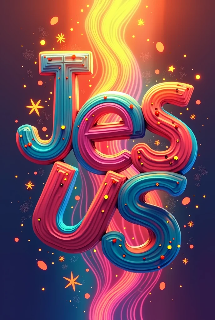 Word JESUS, linked letter with colored background in thin