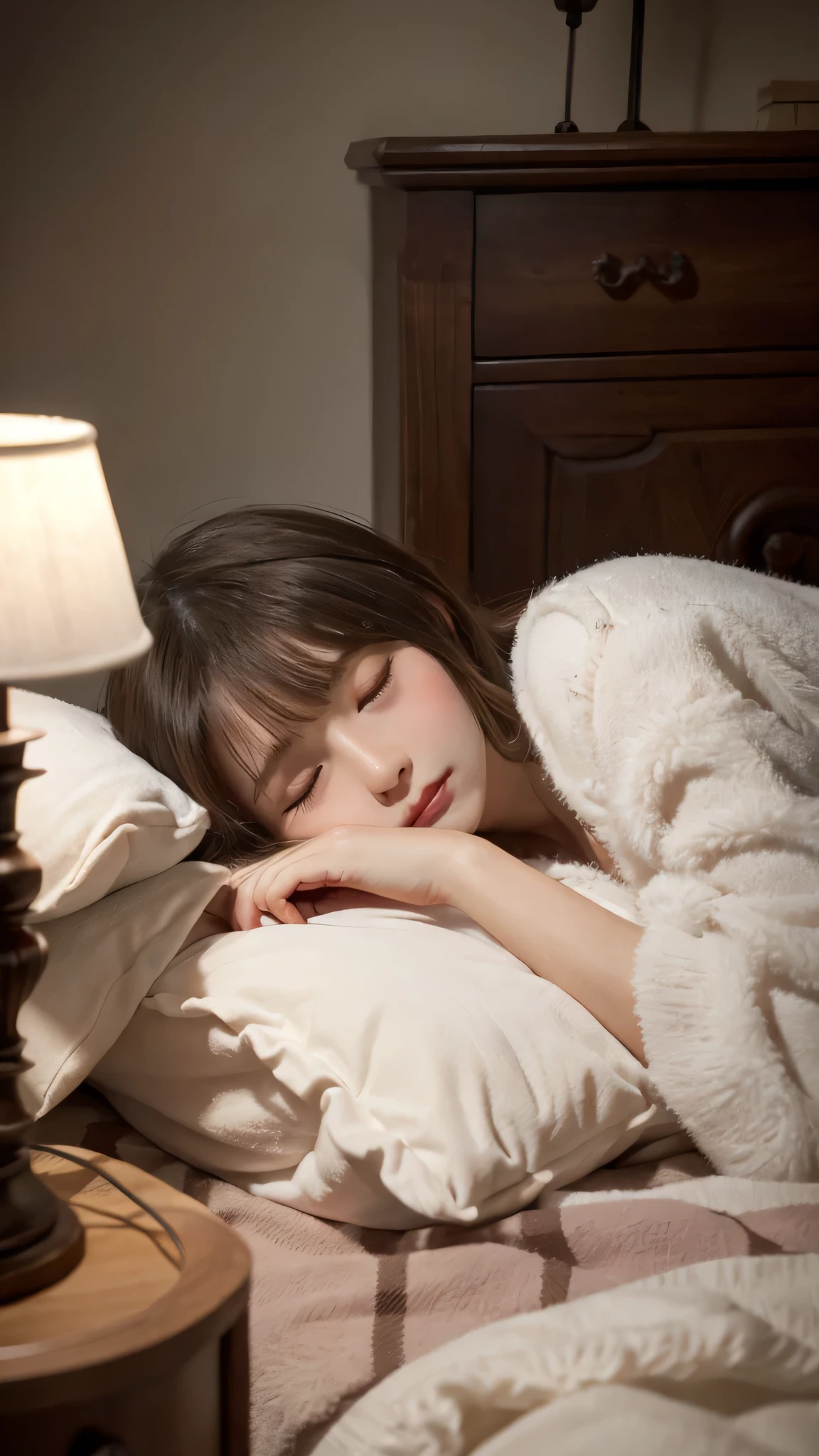 masterpiece, highest quality, High resolution, Cozy bedroom, night, dim and soft lighting, warm tones, bed with fluffy pillows and a cozy blanket, a small bedside table with a lamp softly glowing, Young woman, early 20s, lying in bed, wearing light sleepwear, long hair down, relaxed and content expression, eyes gently closing, ready to sleep, holding a small stuffed animal, Mid-shot, focus on her lying peacefully in bed, soft lighting highlighting her face, capturing the calm and serene atmosphere as she drifts off to sleep