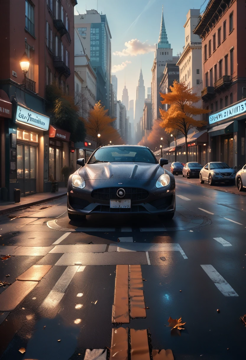 SKYLINER32, sports car, parked on the street, covered with leaves in autumn in (city:1.3), fall, global illumination, Volumetric lighting, Best quality, very detailed, computer graphics, illustration, Octane render,  