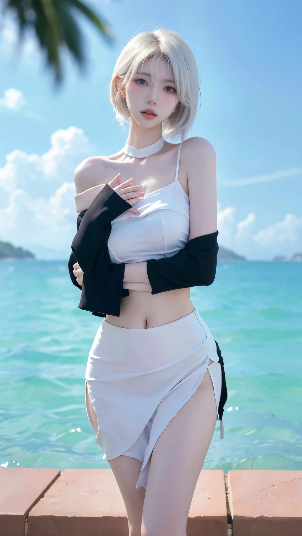 Beautiful woman with perfect figure:1.4,4K,Beach Background,Long hair,Big Breasts,cute,Ultra-high resolution,White legs,(Lifelike:1.4),Layered hairstyle,White skin,whole body,Very delicate face and skin texture,Double eyelids,Skin Whitening,White hair,