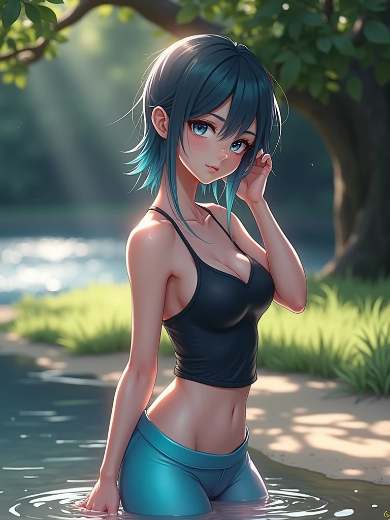 morning scene, masterpiece, preserve facial detail provided in the image, super sexy, wet girl with cyan hair and blue eyes posing after intense workout