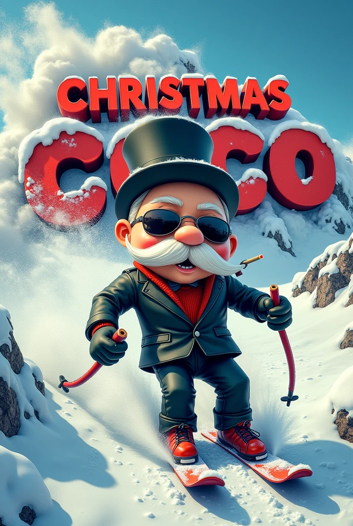 Mr. Monopoly with a little white powder in his nose with black tinted glasses with a joint in his mouth completely smashed who skis down a mountain with a big open bag filled with white powder and behind him an avalanche where it says Christmas coco in 3d on the avalanche and in cartoon style