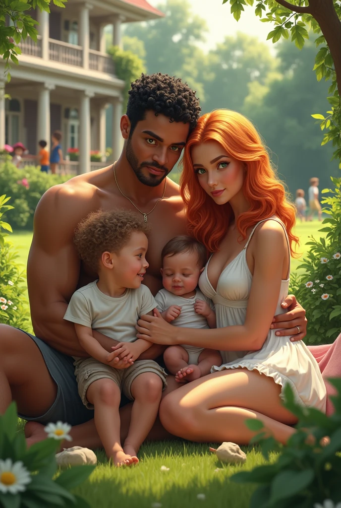 An extremely handsome alpha man of tall stature, tanned skin, defined body, green eyes, short wavy black hair with his partner, a beautiful woman with strawberry blonde hair, amber eyes and a son with strawberry blonde hair, green eyes wearing shorts and a tank top and a little baby on the couple's lap in a garden with a big house in the background, big and small children playing.